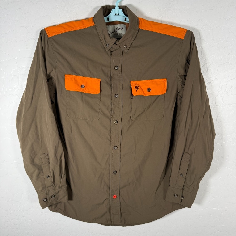 Duck Camp Shirt Mens Medium Brown Orange Outdoor Hunting Fishing Vented